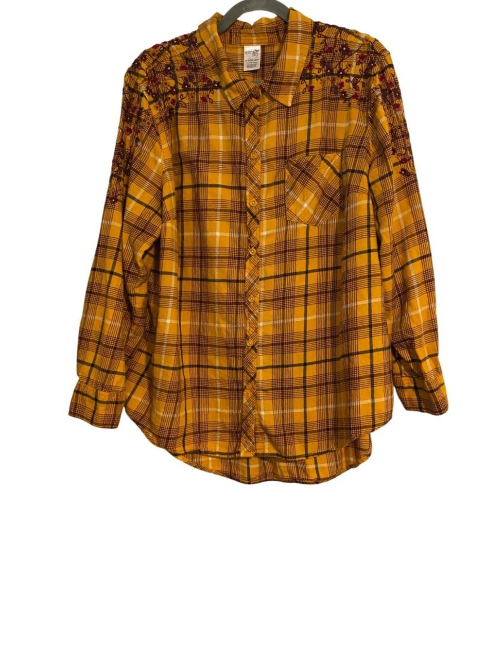 Terra & Sky Women's 1X Gold Plaid Button-Down Shirt Embroidered Floral Accent